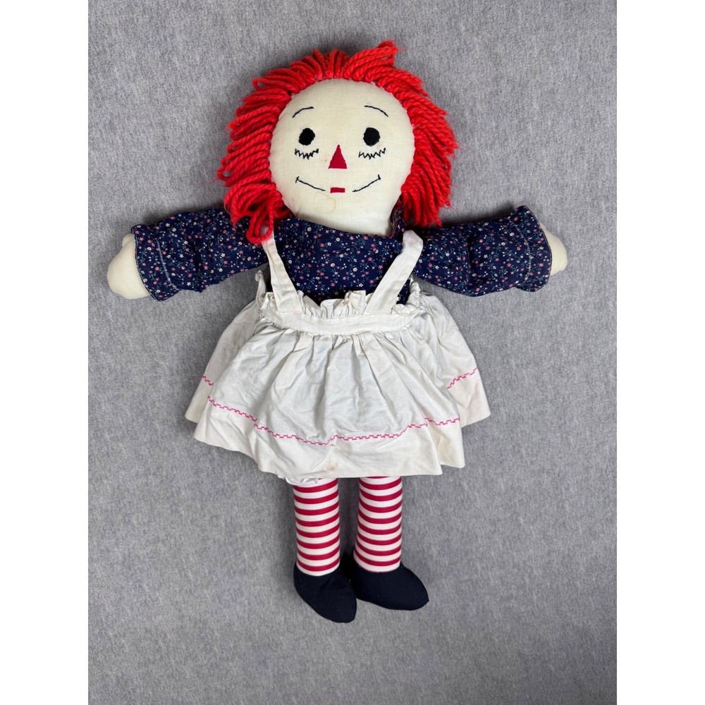 Vintage Raggedy Ann Cloth Doll Red Yarn Hair Floral Dress 20 Inch Plush Toy